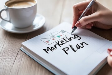 Person drafting a marketing plan in a notebook while enjoying a latte with artful foam design, representing focused planning and creativity