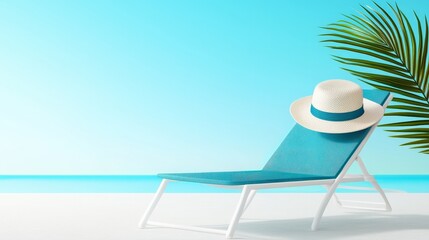Obraz premium Relax and unwind discover the perfect beachside lounge experience with a cozy hat and lush palm