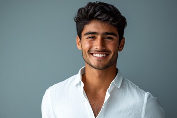 Fototapeta premium Handsome Young Man Smiling in White Shirt Against White Background, Cinematic Studio Portrait