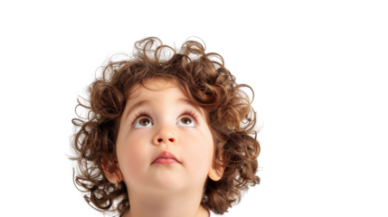 Curious child looking up, white isolate background