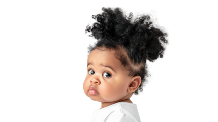 Cute baby with curly hair, looking over shoulder, white background