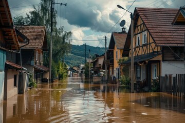 Fototapeta premium Flooding of the private residential sector with low-rise buildings. Natural disaster