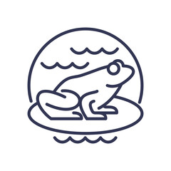Line art of a frog on a lily pad with water waves, symbolizing aquatic life.
