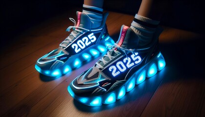 the inscription 2025 on sneakers with a luminous blue sole. new year card