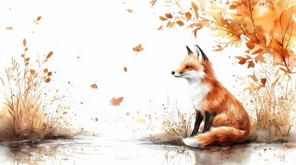 Obraz premium Charming Watercolor Fox by a Tranquil Riverbank