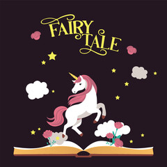 Flat style unicorn among clouds, stars and roses. A living fairy tale. Children's fantasy book cover. A fairy tale creature. Magic and enchantment. Children's dreams. Fairy tales and stories.