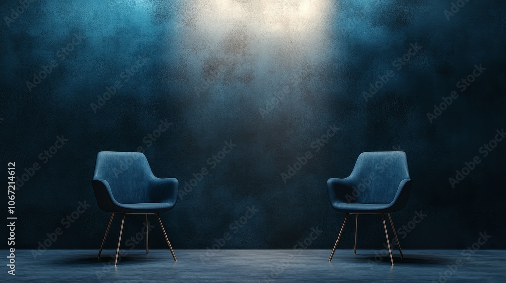 Poster Interview setup with two empty chairs in a moody, spotlighted setting, dark background for text or branding, perfect for podcasts.