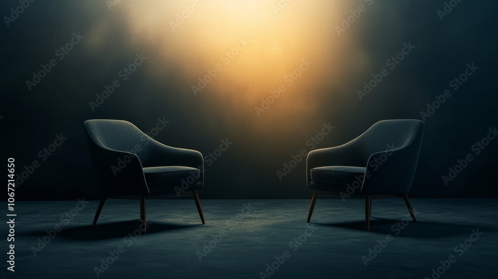 Poster Interview setup with two empty chairs in a moody, spotlighted setting, dark background for text or branding, perfect for podcasts.