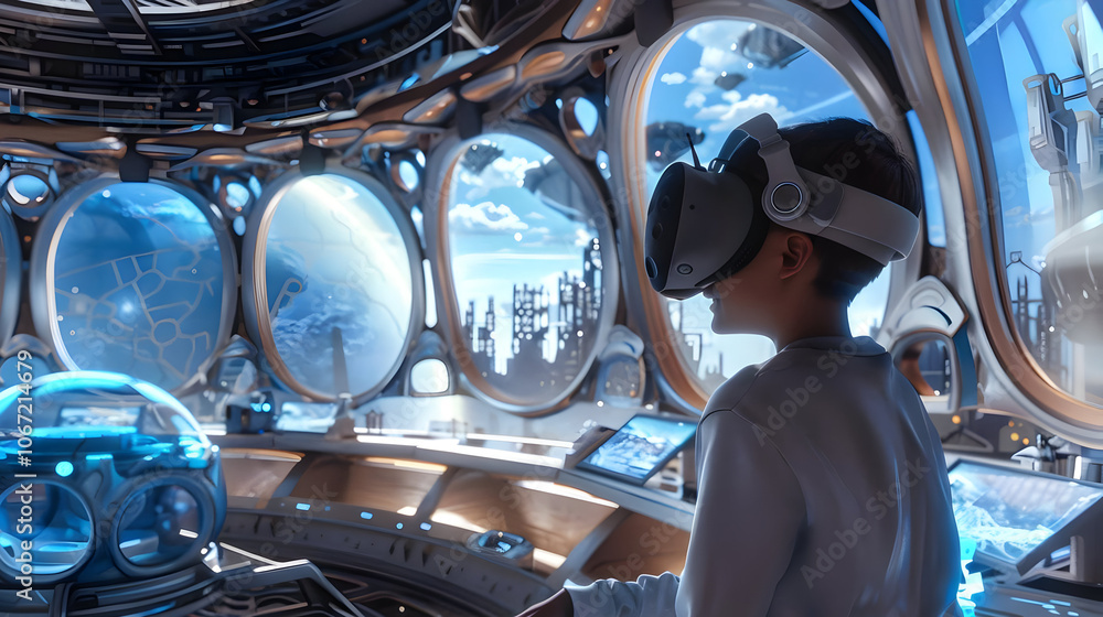 Poster astronaut exploring futuristic virtual reality spaceship cockpit