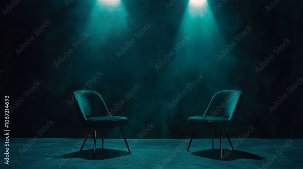 Poster Interview setup with two empty chairs in a moody, spotlighted setting, dark background for text or branding, perfect for podcasts.