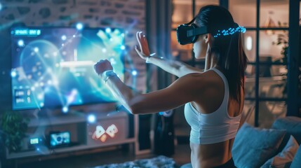 Woman wearing virtual reality headset experiencing immersive digital entertainment