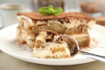 Piece of tasty tiramisu on table, closeup