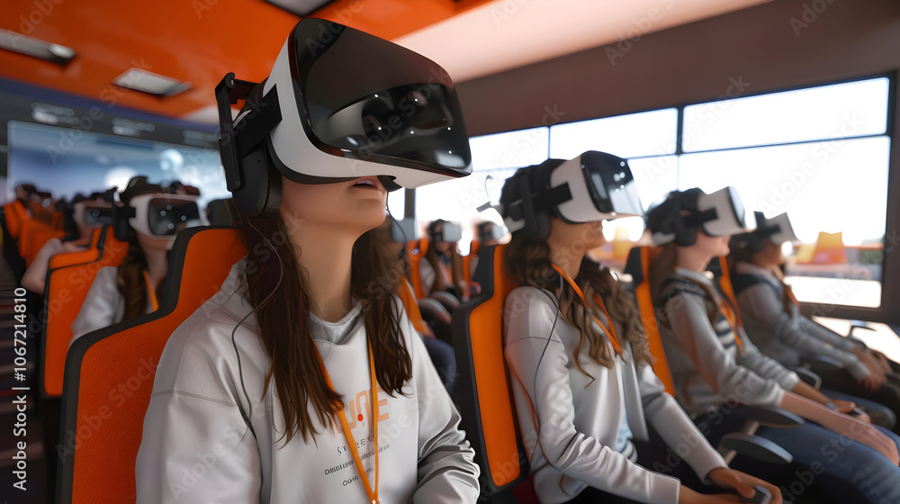 Aufkleber group of people using virtual reality headsets in a futuristic setting with modern technology and di