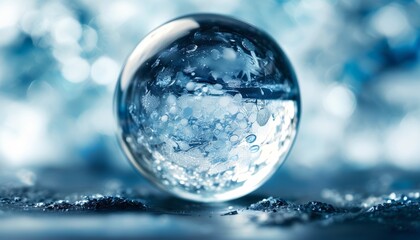 transparent round glass ball on blue background, close up view