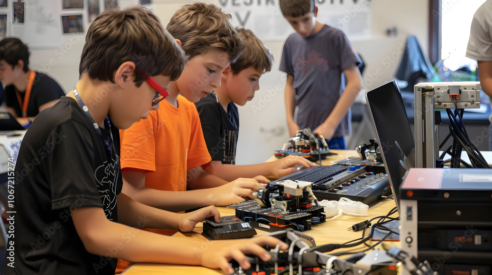 Poster young students engaged in computer gaming and programming at school