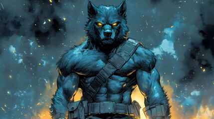 Fototapeta premium Hyperrealistic Comic Book Style Werewolf Ready for Battle with Intense Expression and Muscular Physique
