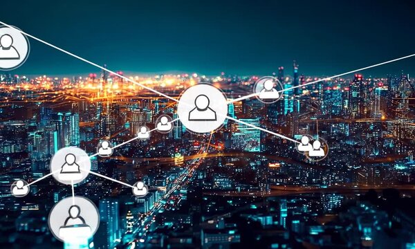 Smart city and abstract polygon pattern connection with speed line light, big data connection technology concept