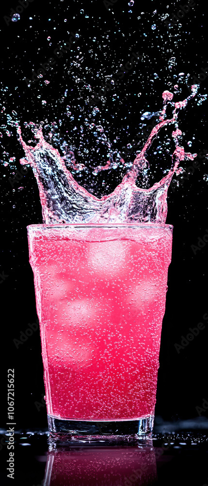 Poster A refreshing pink drink splashes from a glass, with ice cubes visible, creating dynamic droplets against a dark background.
