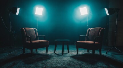 Moody podcast setup with two chairs and soft spotlighting, creating an intimate atmosphere for interviews or recording, dark background with copy space.