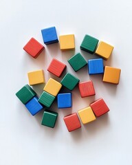 Obraz premium Scattered colorful wooden blocks on a white background, showcasing simplicity and educational play for young children