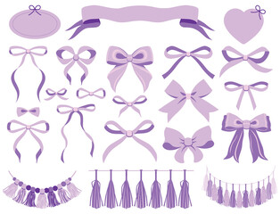Ribbon, bow, garland illustrations, icon, frame design set. Violet, purple color. Simple hand drawn ribbon bow collection. Bowknot for decoration, big set of color bowtie. Cute hairstyle elements