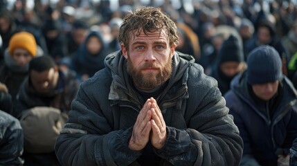 Man Praying Among People in Cold Environment