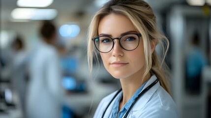 Fototapeta premium Female IT professional working in secure server room, analyzing system health, organized cables, advanced tech