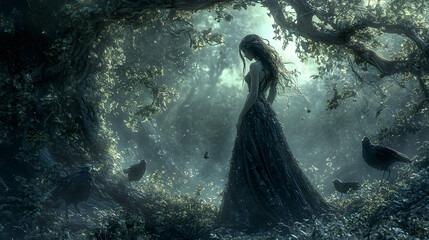 A Captivating Illustration of Medea in a Mystical Forest, Embodying Betrayal and Revenge under the Moonlight