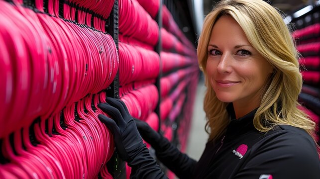 Female IT professional working in secure server room, analyzing system health, organized cables, advanced tech