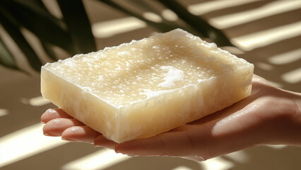 Hand holding a bar of translucent handmade soap with light shining through