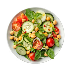 Fresh salad with tomatoes, cucumbers, and chickpeas on white dish.
