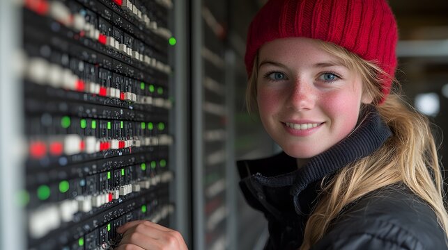 Female engineer maintaining network in secure server room, focused expression, organized tech environment