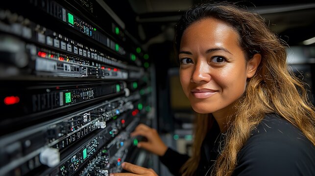 Female engineer maintaining network in secure server room, focused expression, organized tech environment