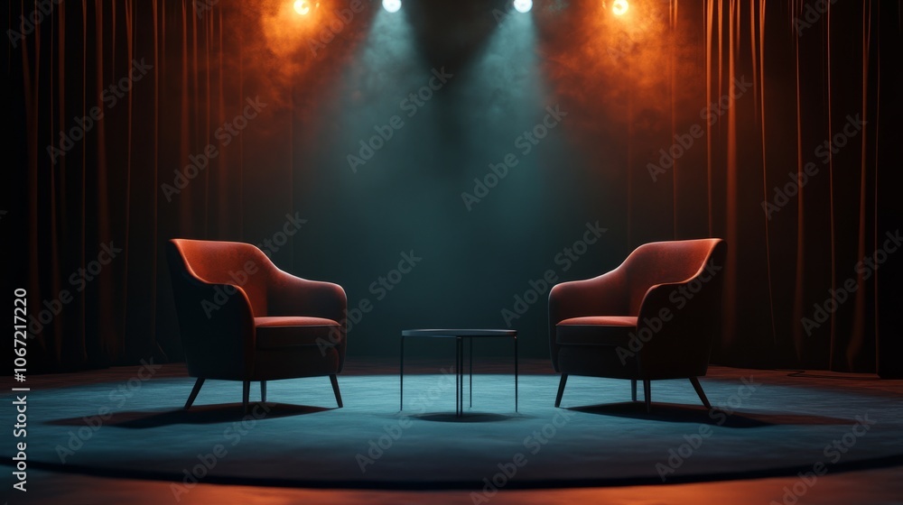Poster two empty chairs in an interview setting, dim lighting and spotlights highlighting a dark room, ampl