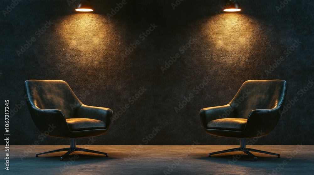 Poster two empty chairs in an interview setting, dim lighting and spotlights highlighting a dark room, ampl