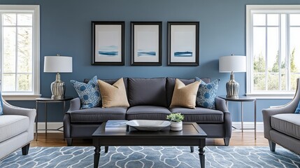 Fototapeta premium Living Room Interior Design with Grey Sofa, Blue Pillows and a Coffee Table
