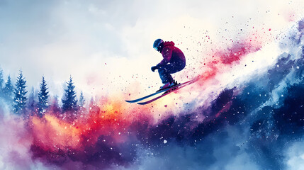 A Stunning High-Energy Watercolor Representation of a Skier Performing an Impressive Jump off a Cliff Embellished with Abstract Snow Effects