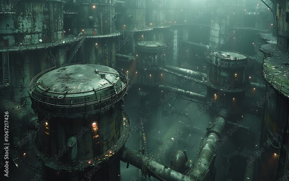 Poster a mysterious, industrial scene showcases a dark, submerged environment filled with intricate pipes a