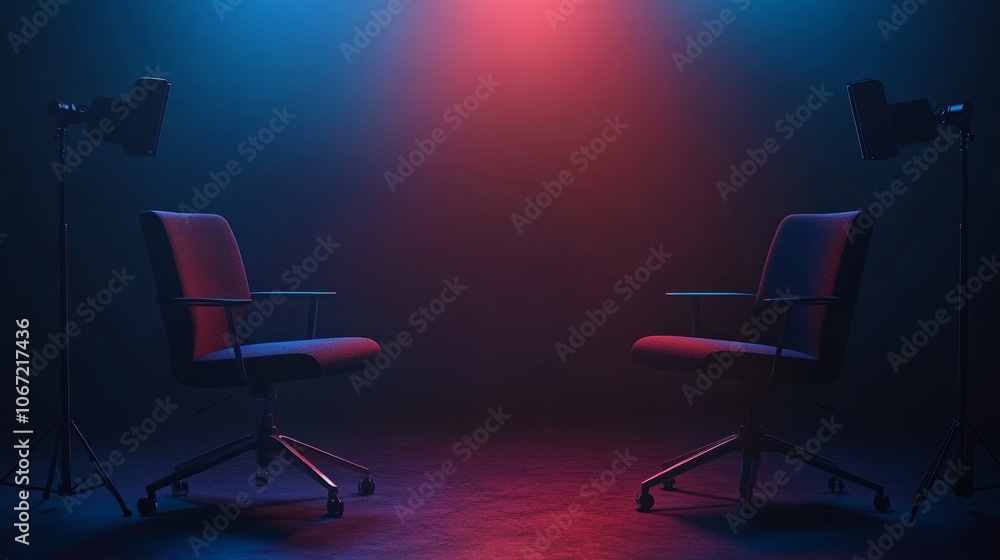 Poster two empty podcast chairs under soft lights, dark background creating space for media text or logo, s