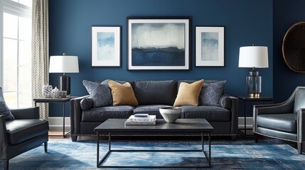 Contemporary living room with blue walls, a black leather sofa, and abstract art