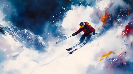 A Stunning High-Energy Watercolor Representation of a Skier Performing an Impressive Jump off a Cliff Embellished with Abstract Snow Effects