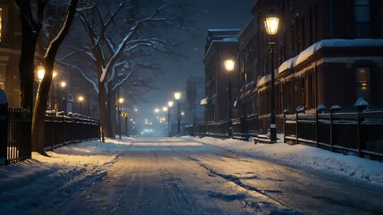 Snowy City Street at Night | Winter Cityscape with Snowfall | City Lights in the Snow | Snowy Street with Lampposts | Wintery City Scene