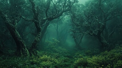 Fototapeta premium Foggy Forest Photography - Dense forests blanketed in mist, adding mystery and depth to lush, green landscapes.