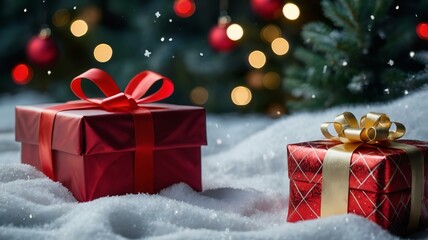 Red Gift Box with Gold Bow | Wrapped Christmas Gift | Christmas Gift on Wooden Table | Festive Gift Box with Bow | Christmas Present with Golden Bow