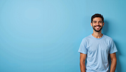 Fototapeta premium Smiling man in blue shirt against turquoise background