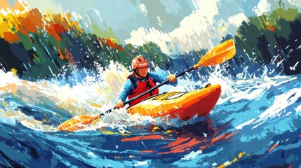 Fototapeta premium Adventurous Kayaker Paddling Through Wild Rapids