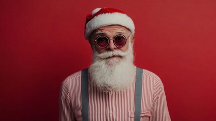 Quirky Santa Claus with round sunglasses and striped shirt poses against vibrant red background, blending traditional holiday icon with modern hipster style.