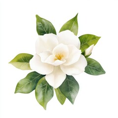 Fototapeta premium Elegant White Flower with Green Leaves Illustration
