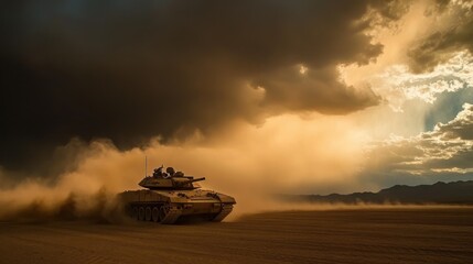 Fototapeta premium Tank Maneuvering Through Dusty Desert Landscape