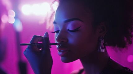 Obraz premium Professional makeup artist applying makeup on a model in a beauty studio.